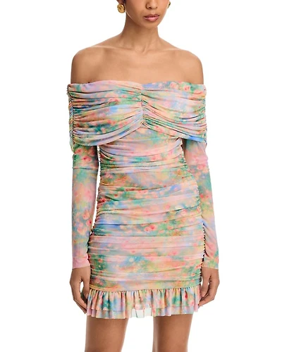 Fay Printed Ruched Off The Shoulder Mini Dress