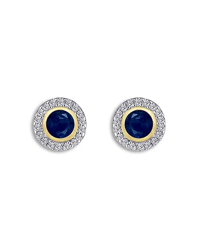 Moon & Meadow 14K Yellow Gold Sapphire & Diamond Halo Stud Earrings