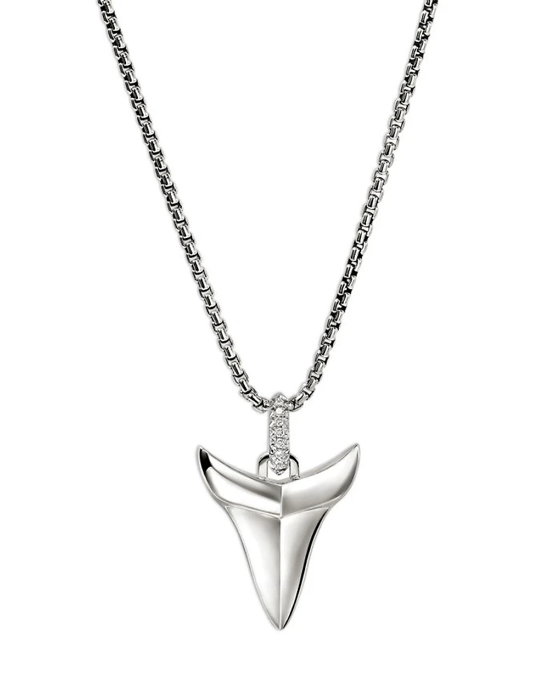 Men's Sterling Silver Modern Talisman Diamond Shark Tooth Pendant Necklace, 22"