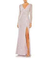 Mac Duggal Sequined Faux Wrap Long Sleeve Gown