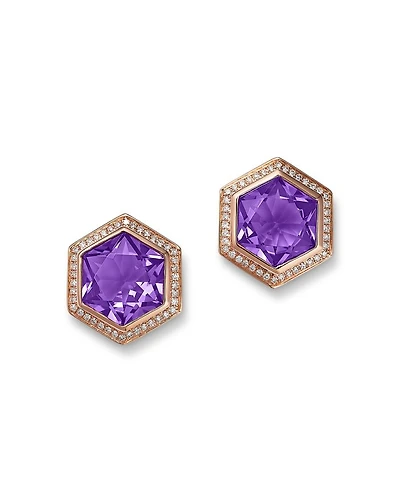 Amethyst & Diamond Bezel Stud Earrings in 14K Rose Gold