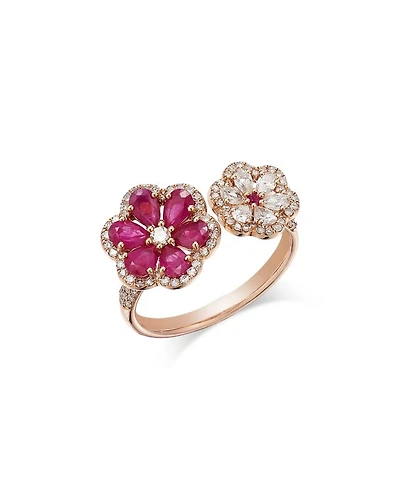 Ruby & Diamond Flower Cuff Ring in 14K Rose Gold