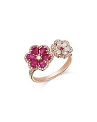 Ruby & Diamond Flower Cuff Ring in 14K Rose Gold