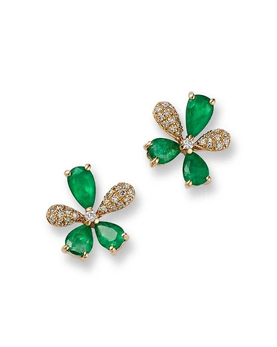 Emerald & Diamond Flower Stud Earrings in 14K Yellow Gold