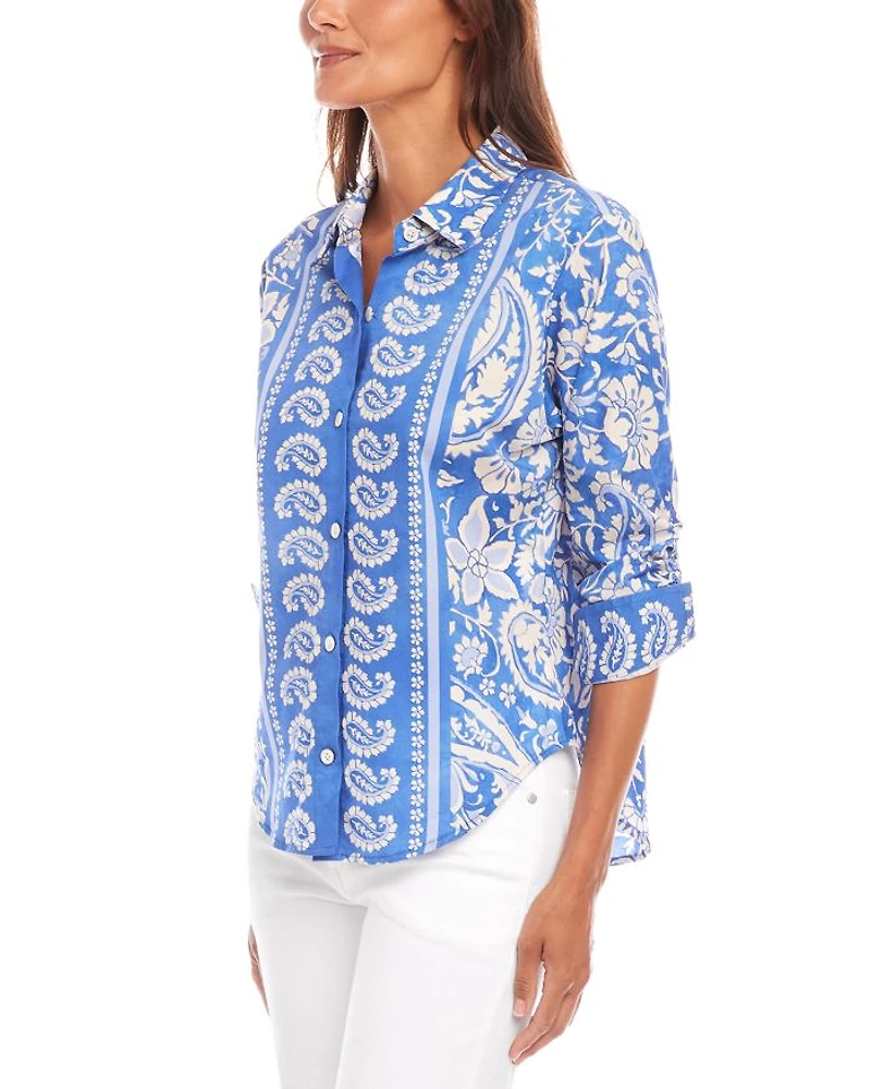 Ruched Sleeve Paisley Print Shirt