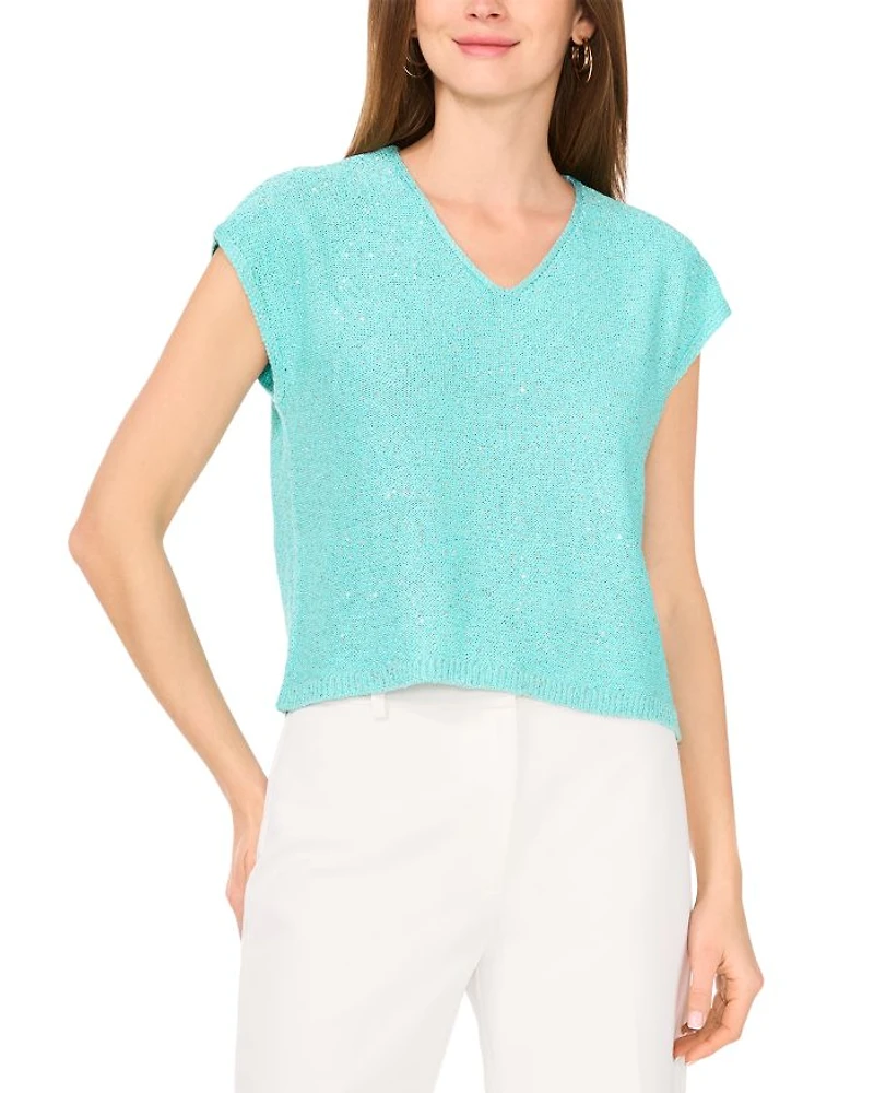Sequin V Neck Short Sleeve Top