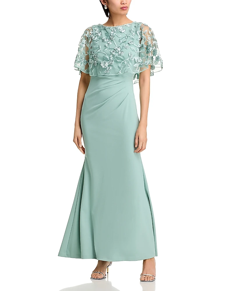 Eliza J Sleeveless Gown with Embroidered Cape Overlay