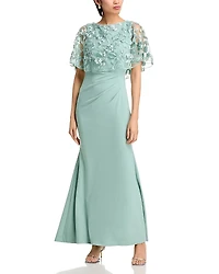Eliza J Sleeveless Gown with Embroidered Cape Overlay