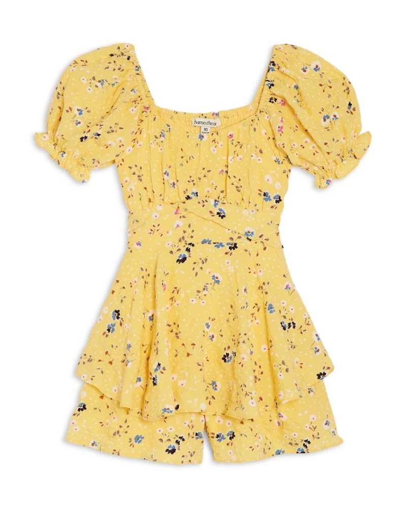 Girls' Floral Crepe Ruffled Romper - Big Kid