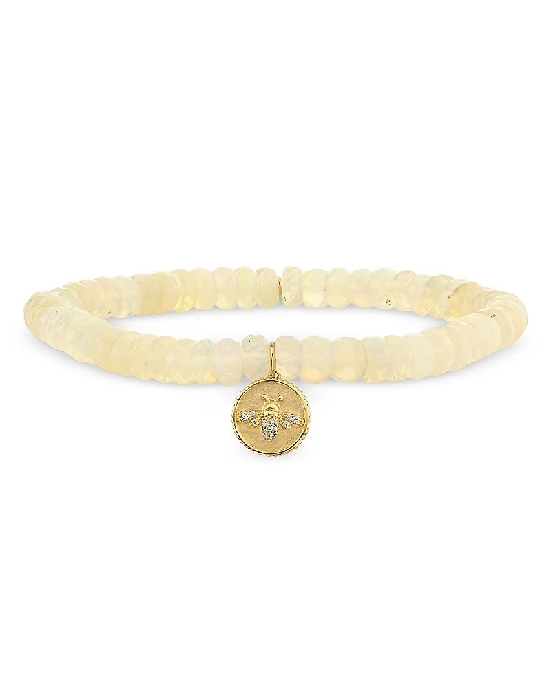 Sydney Evan 14K Yellow Gold Ethiopian Opal Rondelle & Diamond Bee Coin Charm Stretch Bracelet