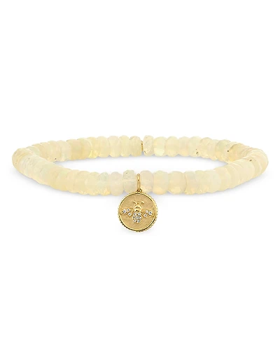 Sydney Evan 14K Yellow Gold Ethiopian Opal Rondelle & Diamond Bee Coin Charm Stretch Bracelet