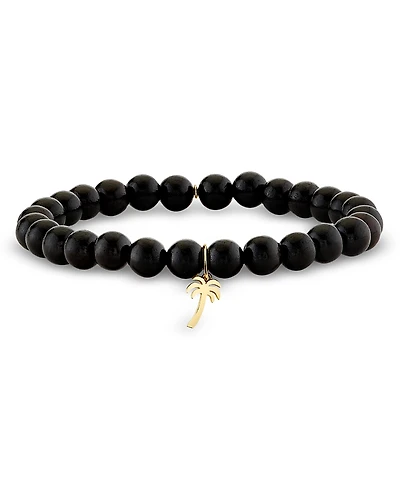 Sydney Evan 14K Yellow Gold Palm Tree Charm Ebony Beaded Bracelet