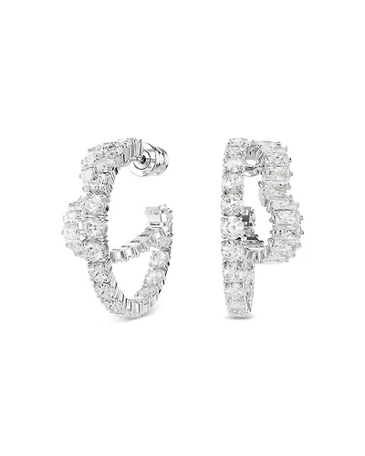 Matrix Crystal Round & Heart Double Row Hoop Earrings in Rhodium Plated