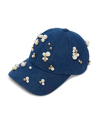 Lele Sadoughi Scattered Faux Pearl Denim Baseball Cap