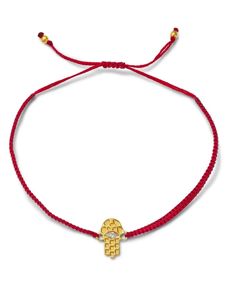 14K Yellow Gold Hilo Lab Grown Diamond Hamsa Hand Red String Slider Bracelet