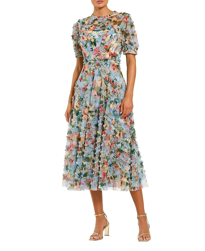 Mac Duggal Floral Printed Mesh Ruffle High Neck Midi Dress