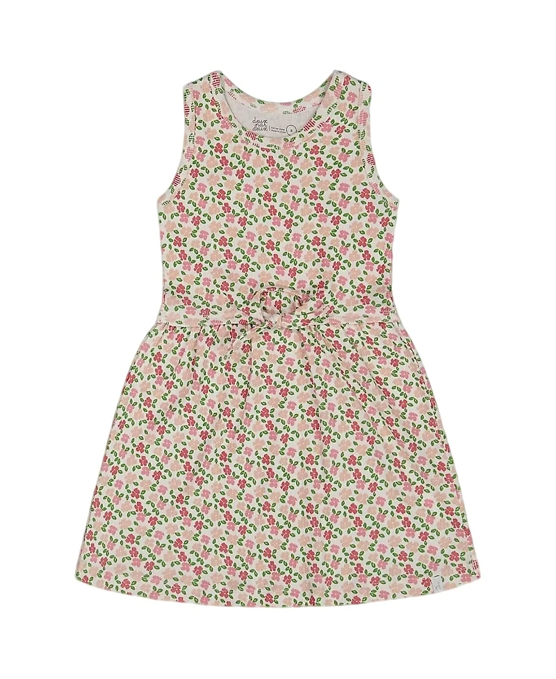 Deux par Girls' Printed Ribbed Dress with Waist Tie Small Flowers- Little Kid