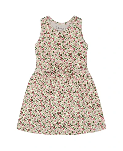 Deux par Girls' Printed Ribbed Dress with Waist Tie Small Flowers- Little Kid