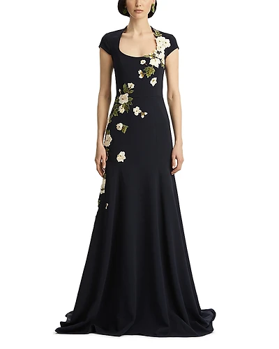 Oscar de la Renta Short Sleeve Embroidered Cherry Blossom Gown
