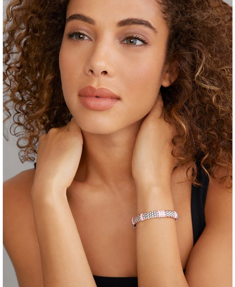 Sterling Silver Pink Caviar Diamond & Ceramic Bead Link Bracelet