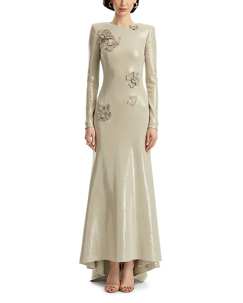 Oscar de la Renta Long Sleeve Embroidered Cherry Blossom Sequin Jersey Gown