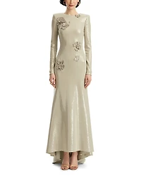 Oscar de la Renta Long Sleeve Embroidered Cherry Blossom Sequin Jersey Gown