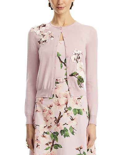 Oscar de la Renta Wool Floral Applique Cardigan