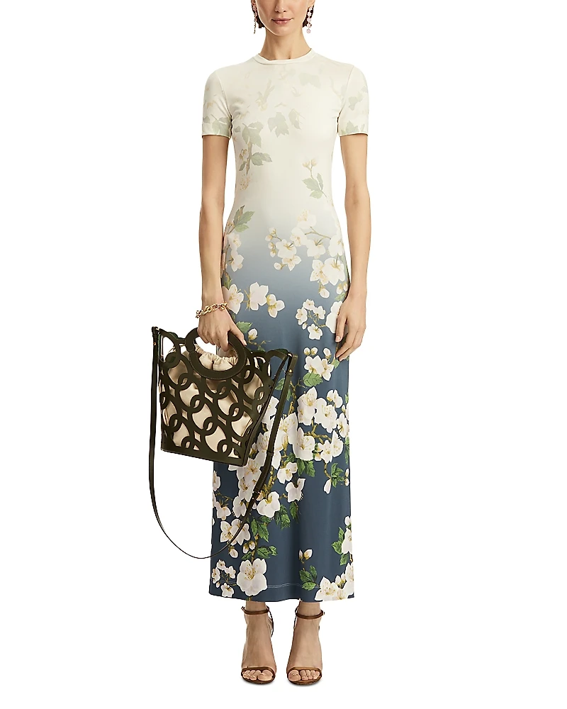 Oscar de la Renta Short Sleeve Cherry Blossom Jersey Dress