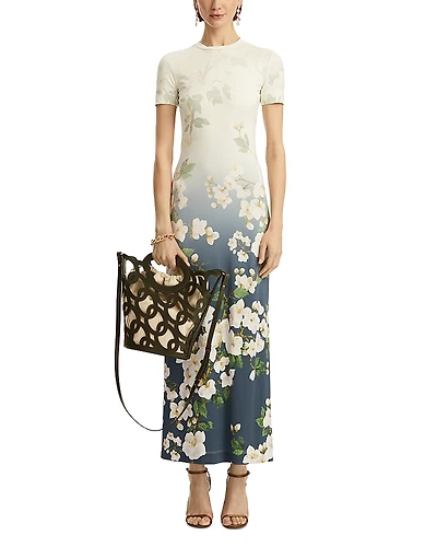 Oscar de la Renta Short Sleeve Cherry Blossom Jersey Dress