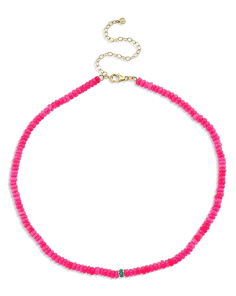Sydney Evan 14K Yellow Gold Turquoise Bead Charm Hot Pink Ethiopian Opal Beaded Collar Necklace, 16.25-17.5
