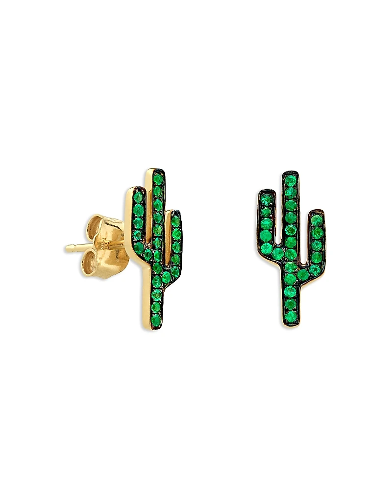Sydney Evan 14K Yellow Gold Emerald Cactus Stud Earrings