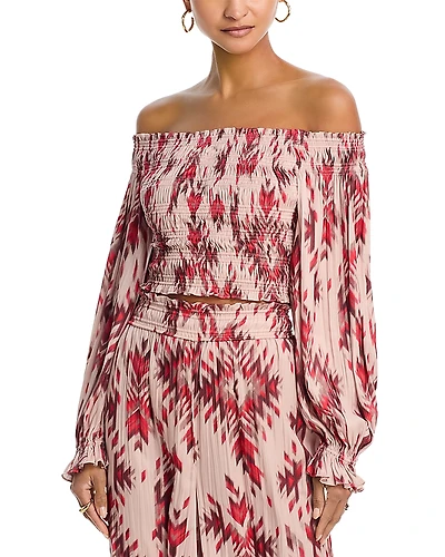 L'Agence Graciela Printed Off The Shoulder Smocked Top