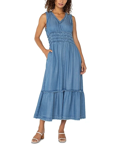 Liverpool Los Angeles Smocked Frayed Seam Dress