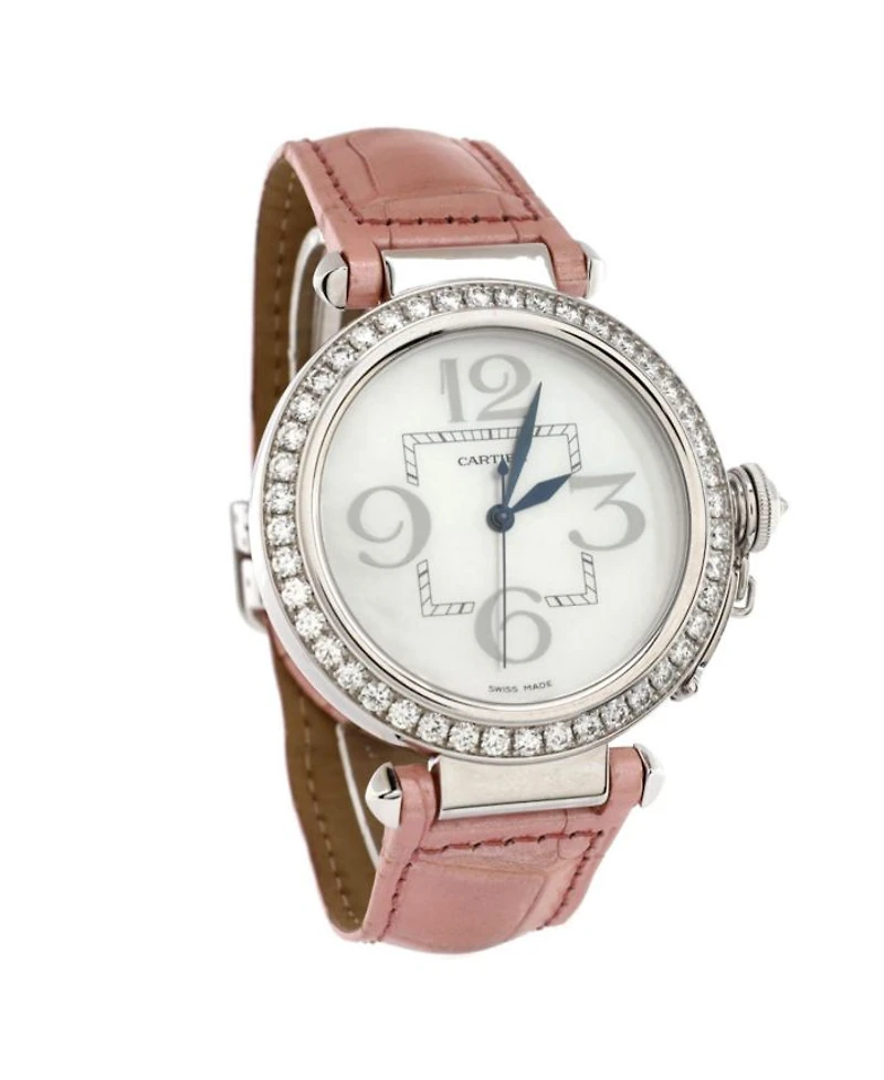 Pasha de Cartier Automatic Watch in White Gold and Alligator with Diamond Bezel and Mother of Pearl 42mm