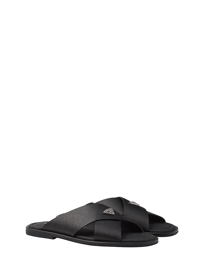 Prada Men's Saffiano Leather Crisscross Slides