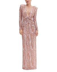 PatBO Printed Long Sleeve Deep V Maxi Dress