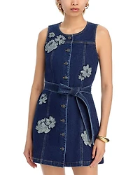 Marsha Floral Appliqué Mini Denim Dress