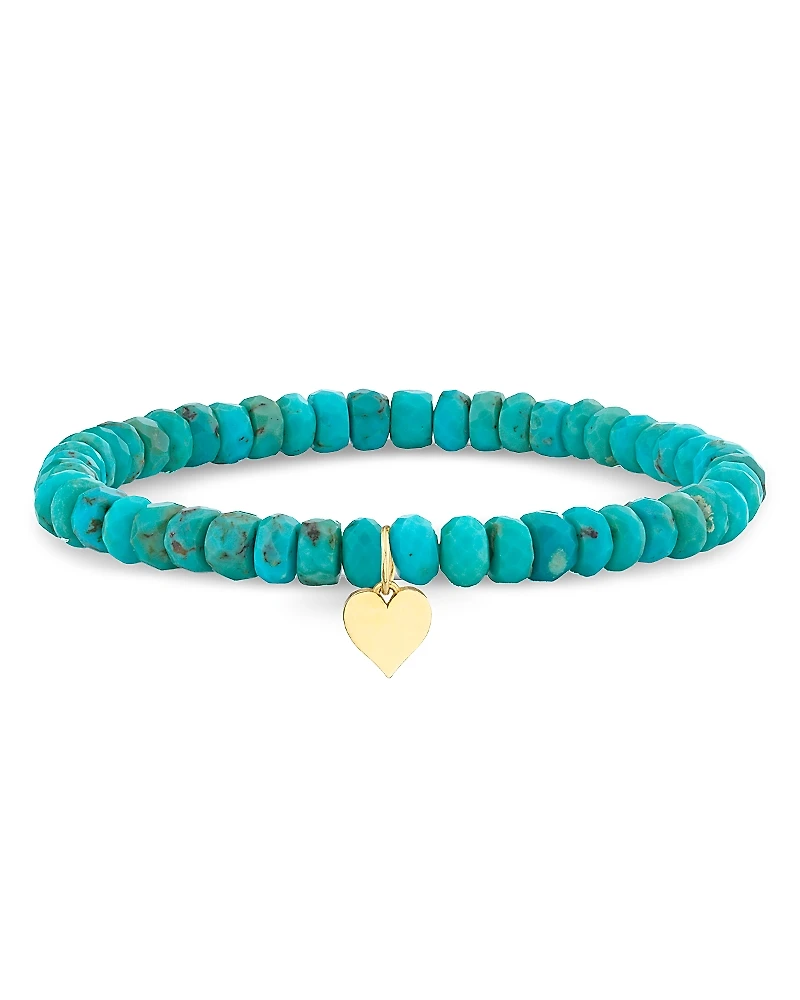 Sydney Evan 14K Yellow Gold Tiny Pure Heart Charm Turquoise Bead Bracelet