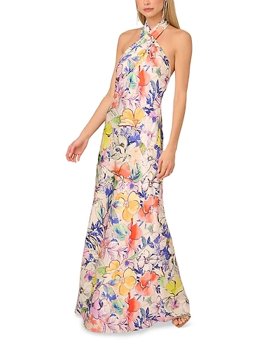 Adrianna By Adrianna Papell Printed Satin Halter Neck Gown