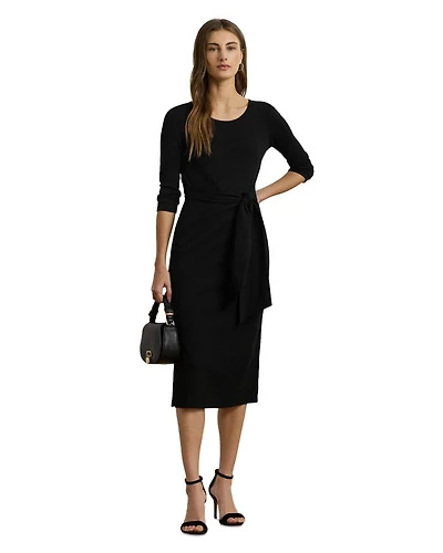 Tie Front Cotton Blend Crewneck Dress
