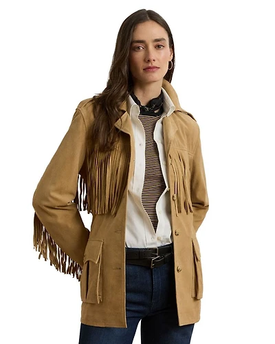 Fringe Trim Belted Goat Suede Jacket