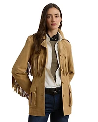 Fringe Trim Belted Goat Suede Jacket