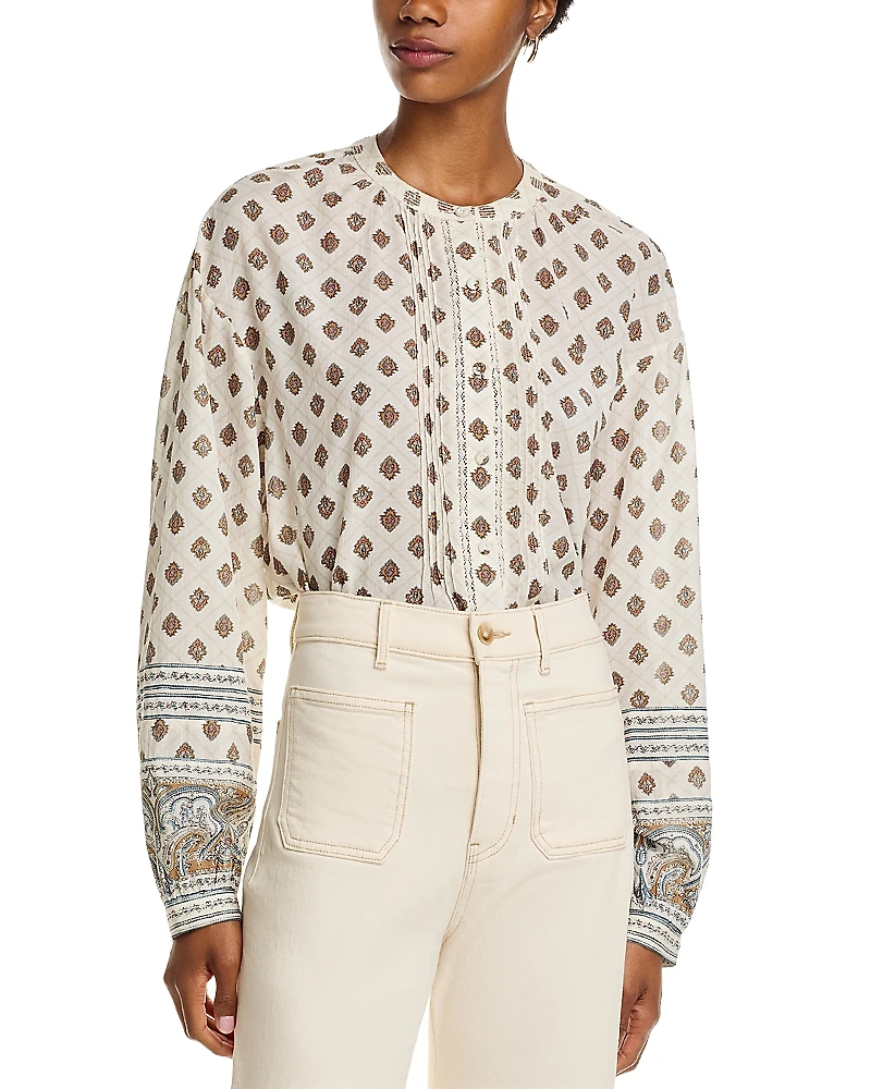 Veronica Beard Lollie Printed Pintuck Blouse
