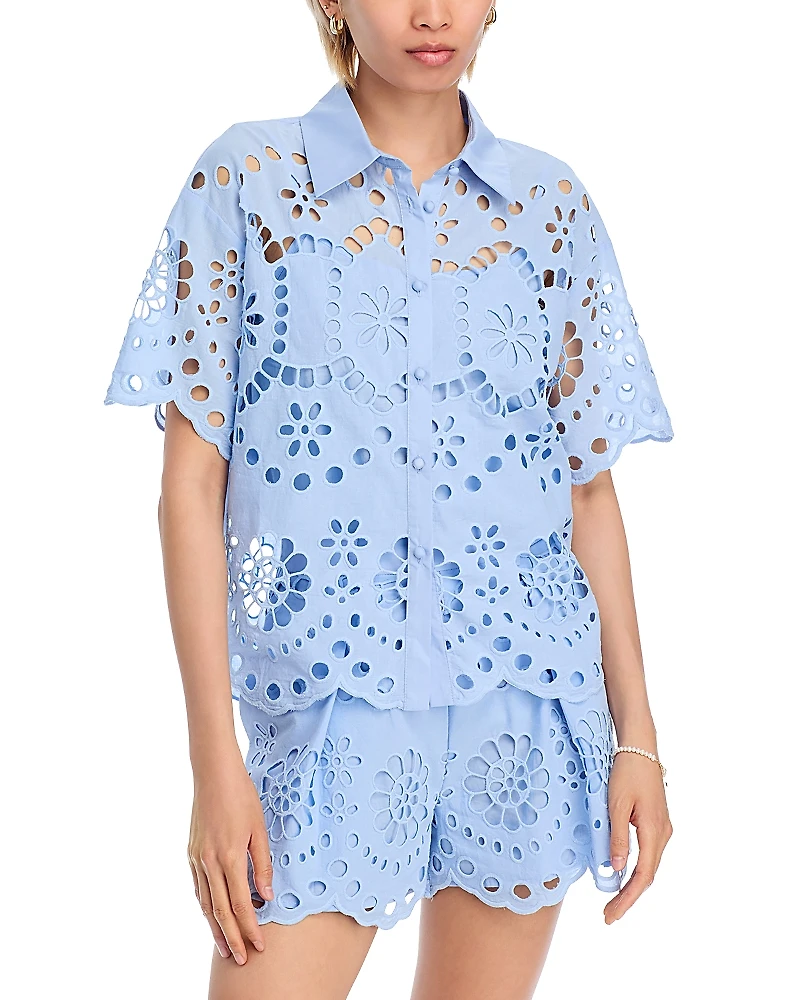 Aqua Floral Eyelet Short Sleeve Top - Exclusive