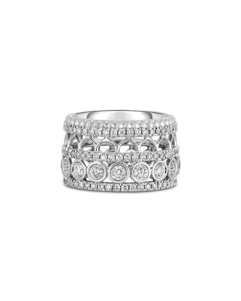 18K White Gold Cento Diamond Rosette Wide Multirow Ring