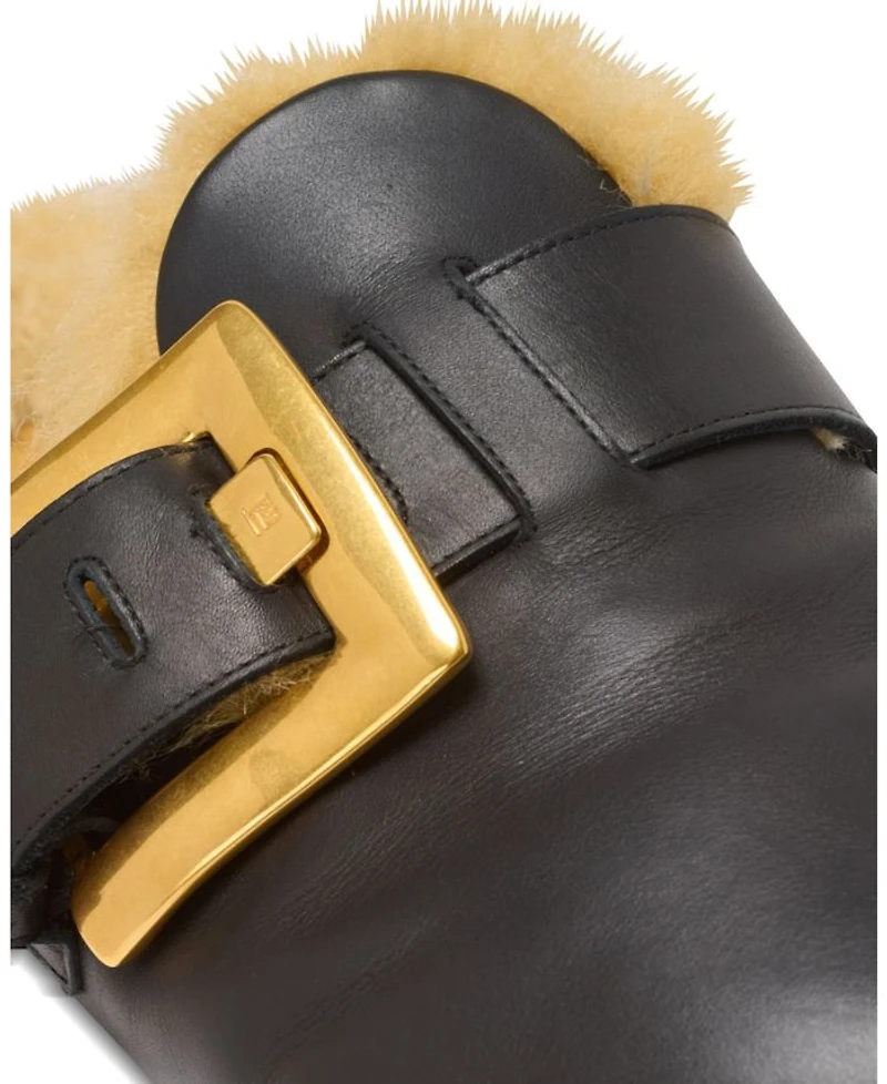 Women's Flat Leather and Faux Fur Mules