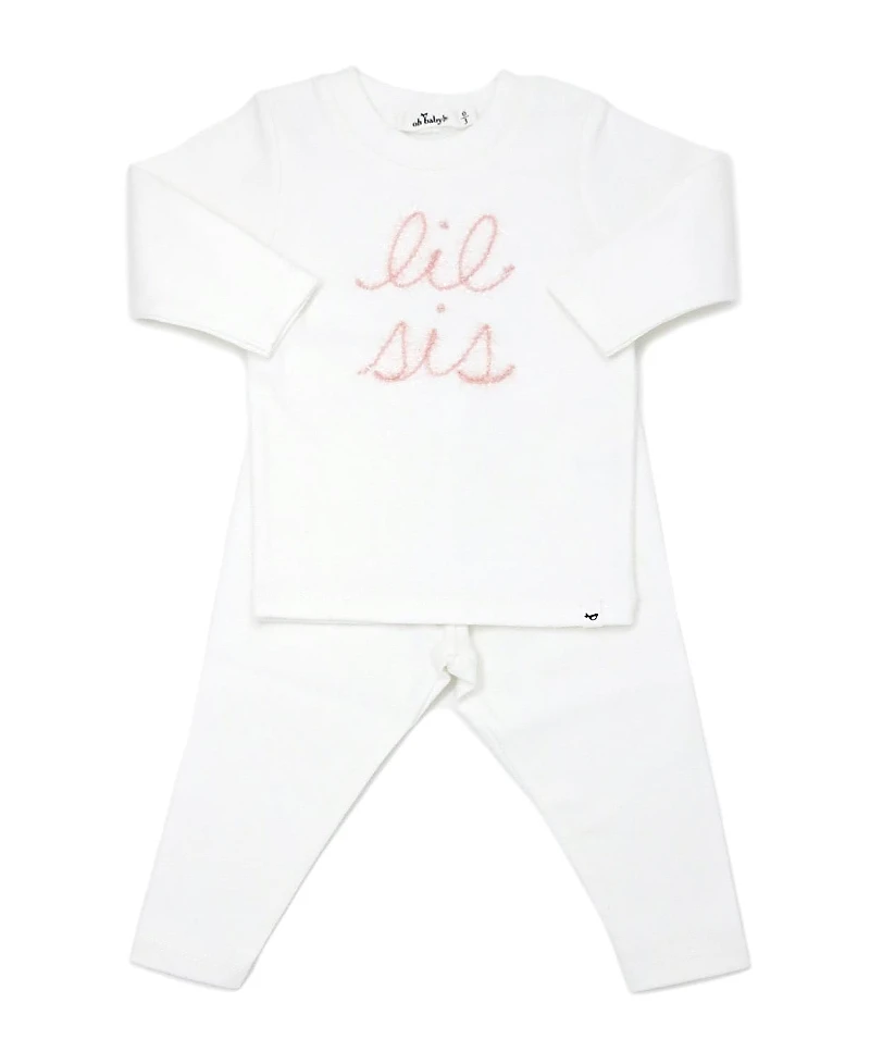 oh baby! Girls' lil sis Pink Sparkle Embroidered Two Piece Set - Baby