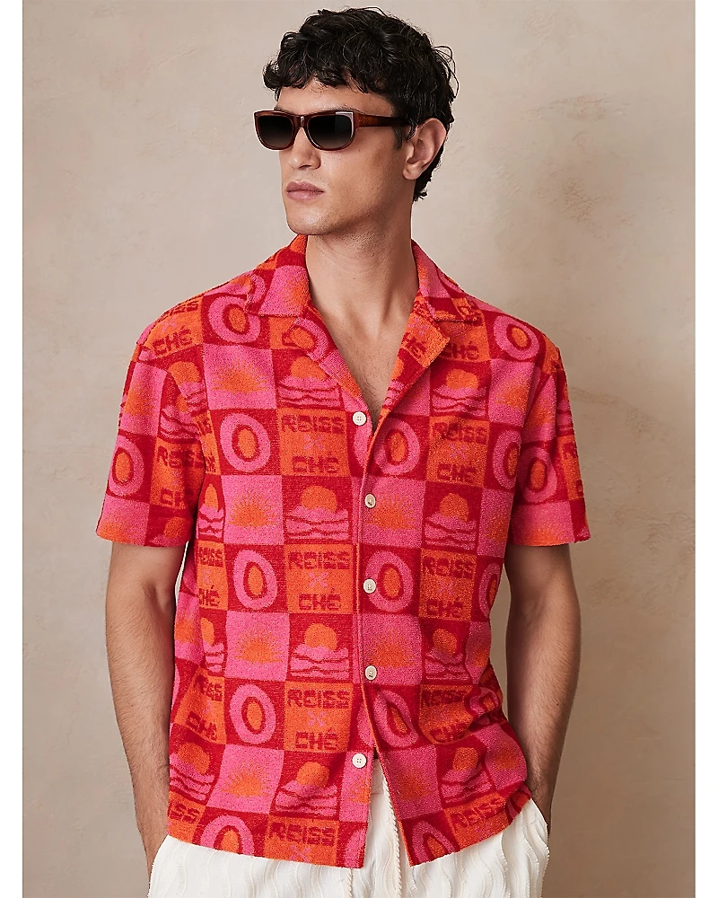 Reiss Che Saura Towelling Sunset Jacquard Print Cuban Shirt