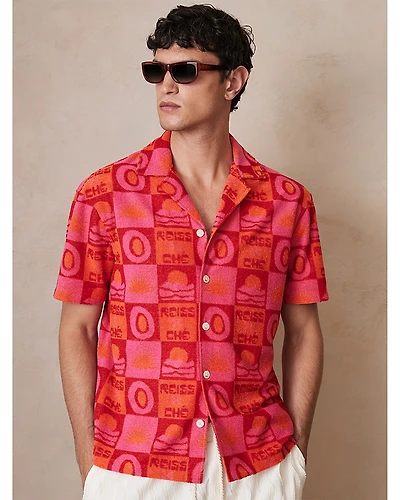 Reiss Che Saura Towelling Sunset Jacquard Print Cuban Shirt