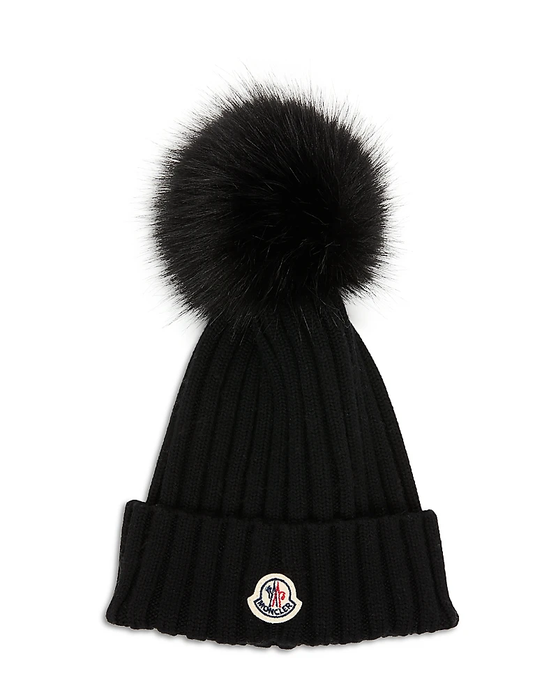 Moncler Wool Beanie with Faux Fur Pom Pom